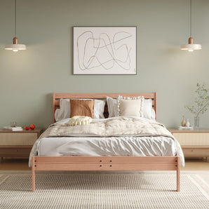 Harvey Oak Platform Bed with Headboard in Modern bedroom with wooden bed, nightstands, and abstract art on the wall.