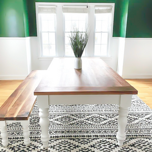 Pine Farmhouse Wooden Table featuring pine curvy dining table legs and bench legs by Carolina Leg Co