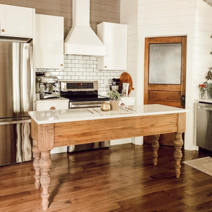 Beautiful kitchen island featuring modern chunky pine island legs by Carolina Leg Co