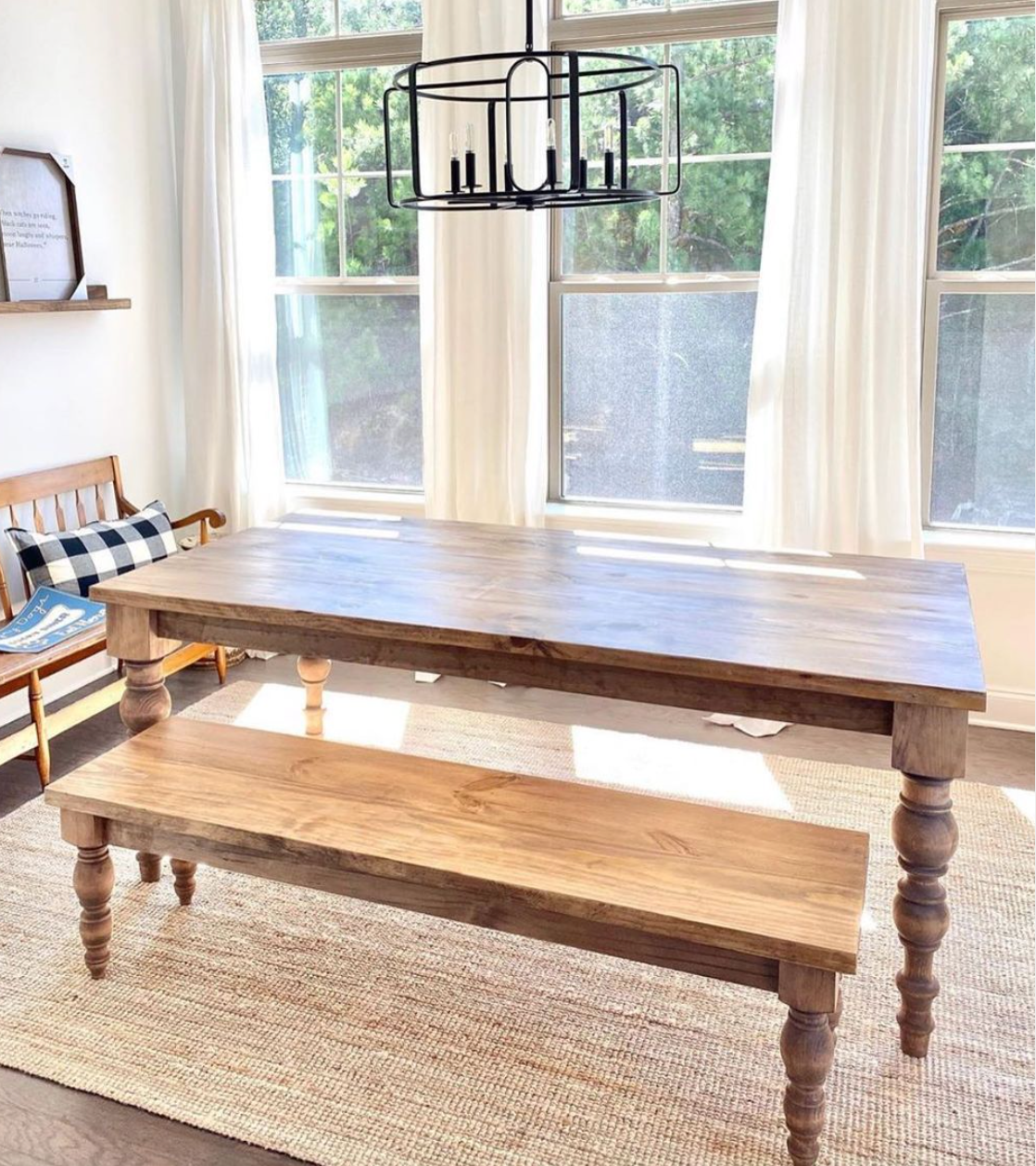 Beautiful bench and dining table set featuring Carolina Leg Co Modern Chunky Farmhouse Dining Table Legs and Bench Legs - Sustainably Sourced American Pine - Set of 4 dining legs and 4 bench legs- Handmade in NC
