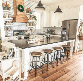 beautiful farmhouse kitchen featuring carolina leg co wooden island legs