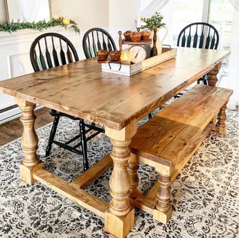 beautiful farmhouse wooden dining table featuring carolina leg co monastery bench and dining table legs