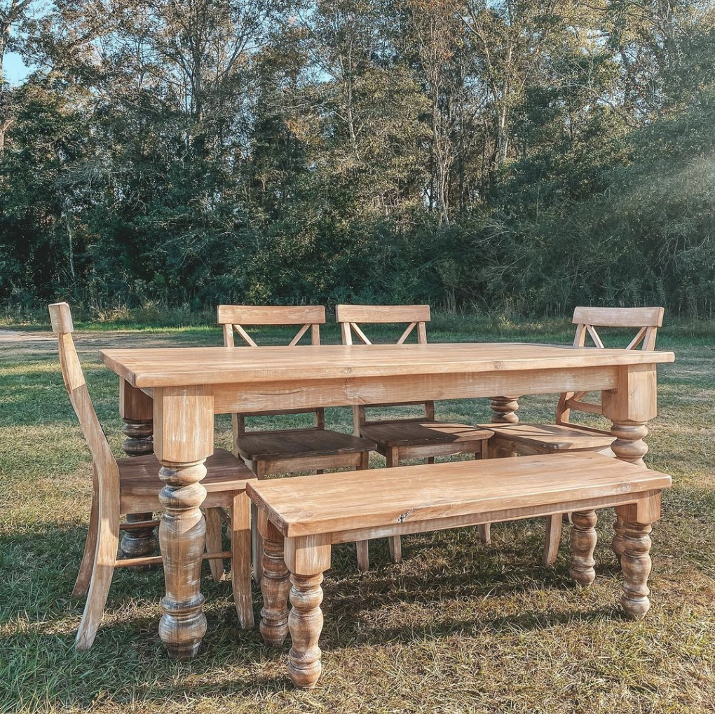 Beautiful table and bench featuring Carolina Leg Co's Chunky Pine Dining Table Legs & Chunky Pine Bench Legs - Combo Set - 5 x 29 - 3.5 x 16 - Handmade in NC