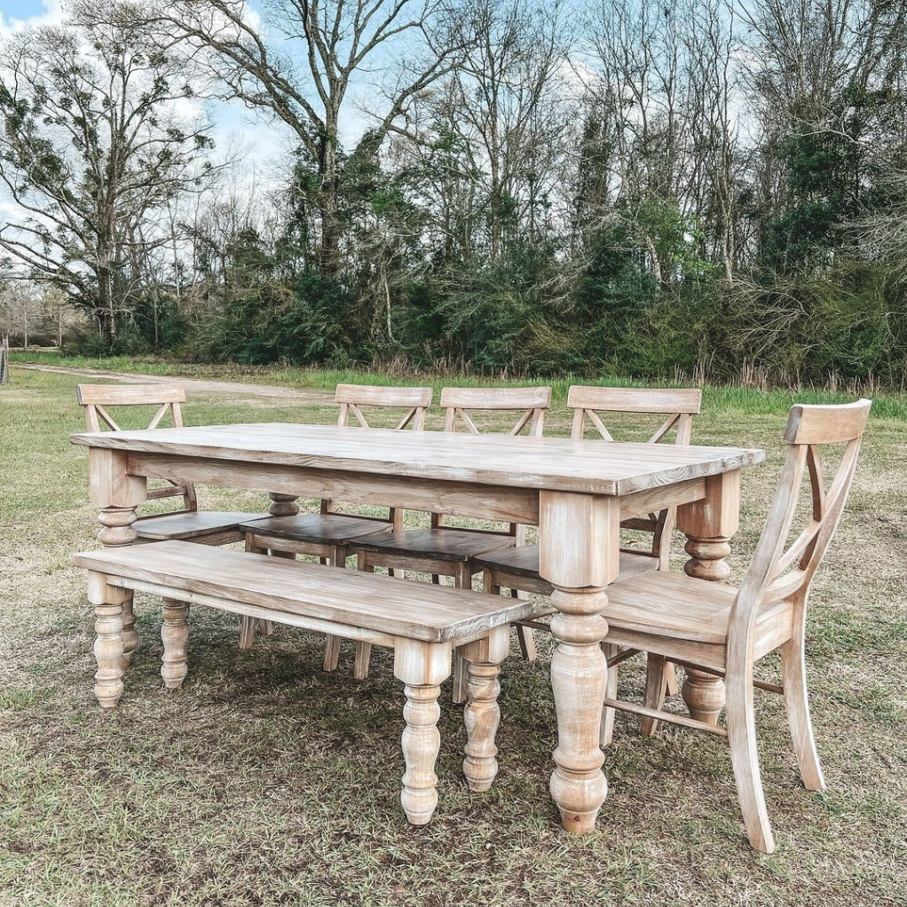 Beautiful table and bench featuring Carolina Leg Co's Chunky Pine Dining Table Legs & Chunky Pine Bench Legs - Combo Set - 5 x 29 - 3.5 x 16 - Handmade in NC