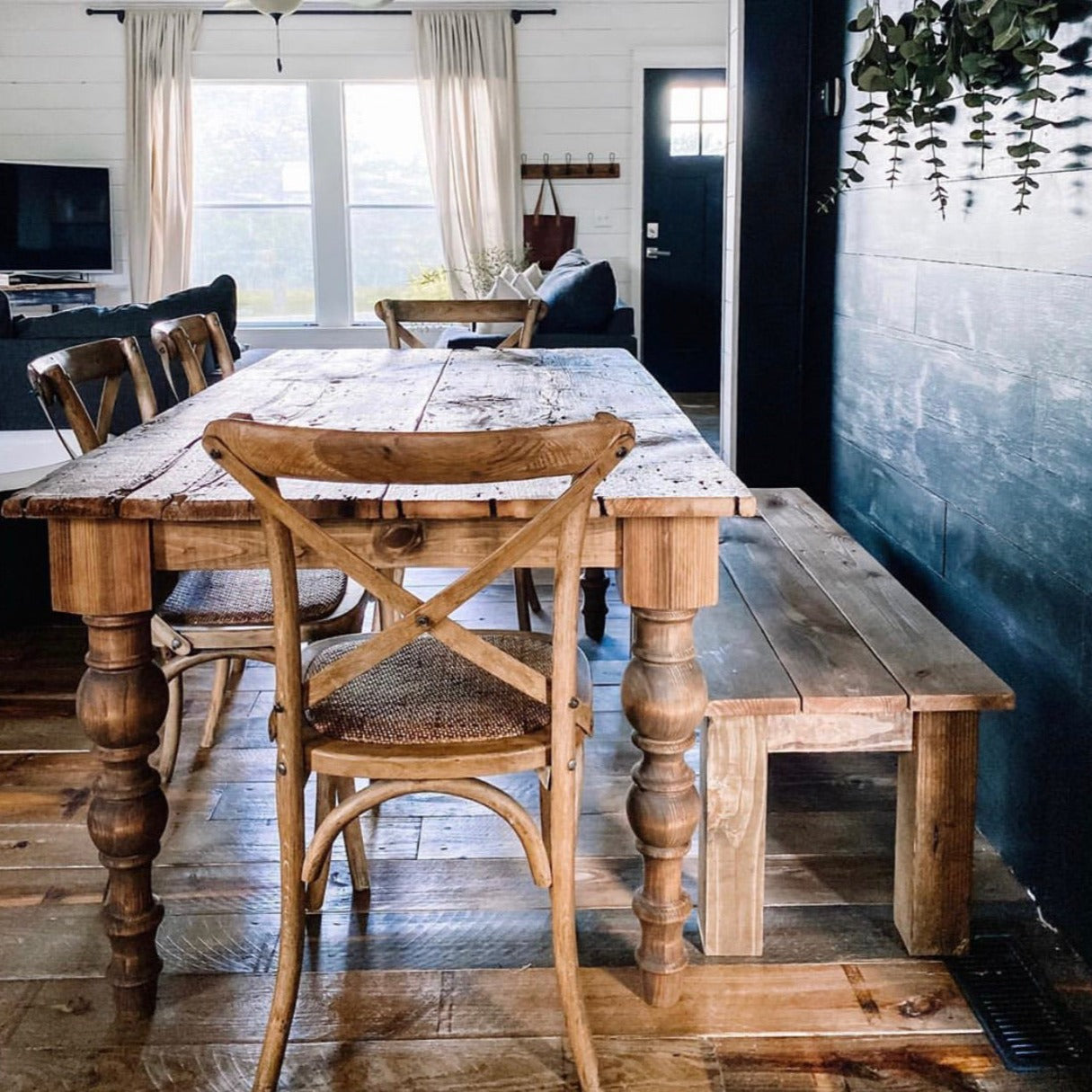 Beautiful rustic farmhouse table made with Carolina Leg Co's Pine Modern Chunky Farmhouse Dining Legs - 5" x 29" - set of 4 - Made in NC 